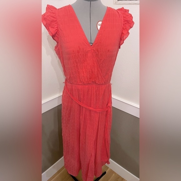 A New Day Faux Wrap Dress Sz Small Coral Ruffle Sleeve PINK Midi Textured Lined - Picture 9 of 12